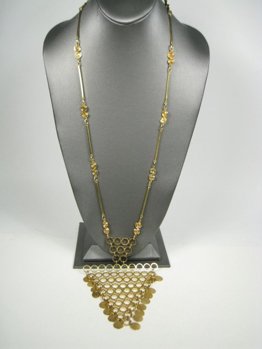 Gold Tone Metal Triangle Pendant Necklace Faux Coin Vintage 1970 Bib Party